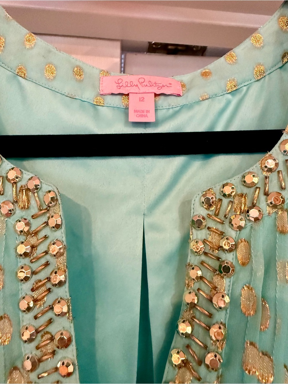 Lilly Pulitzer Colby Silk Mint Green Long-Sleeve Tunic dress with Gold Accents. - Picture 6 of 9